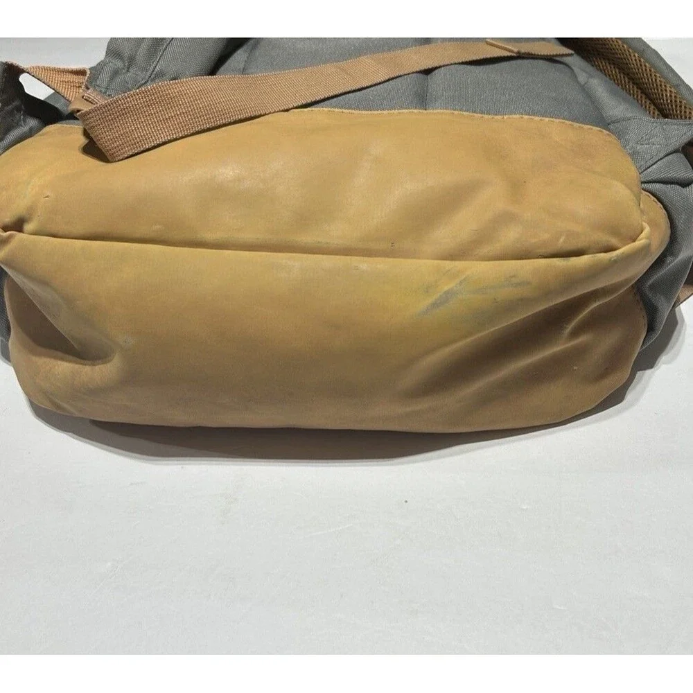 Lucky Brand Grey Canvas Backpack Tan Faux Leather Trim Clover Logo Travel Bag
